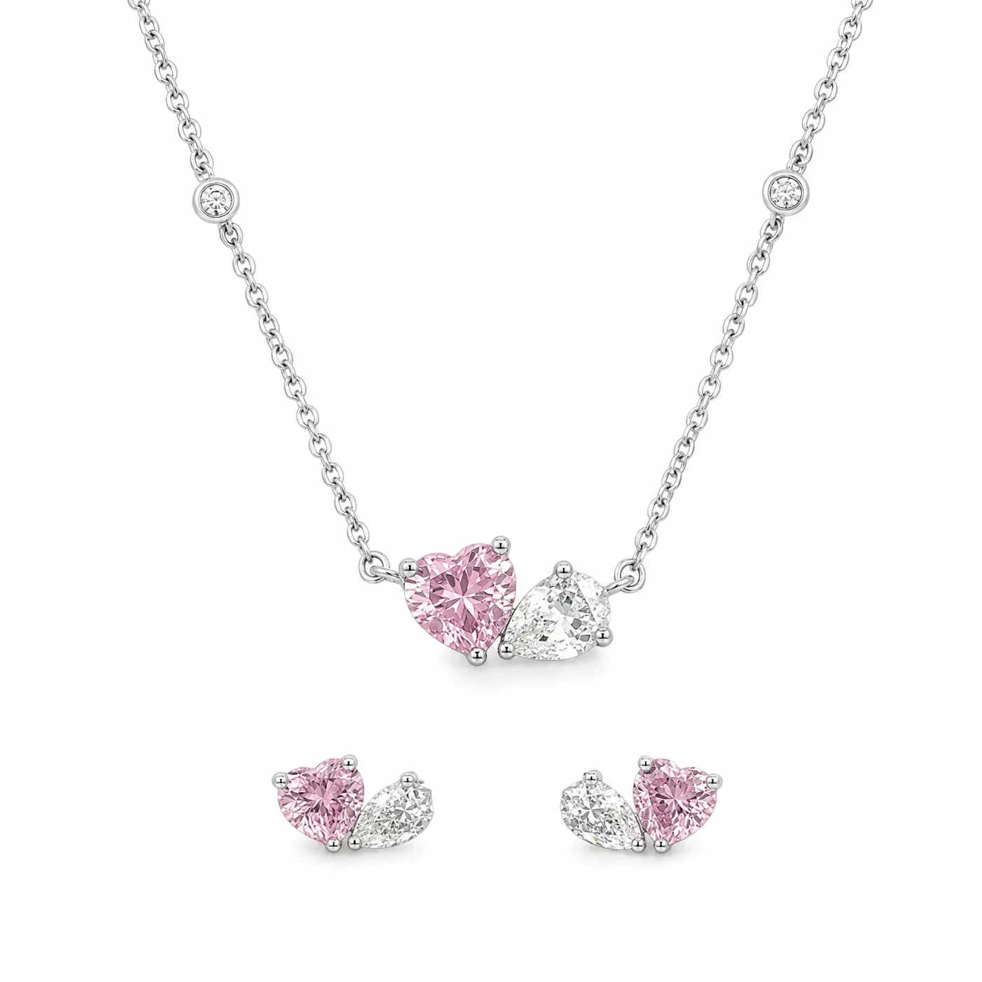 S245-2-1 Set Inima Roz cu Cristal - Argint 925 - imagine 1